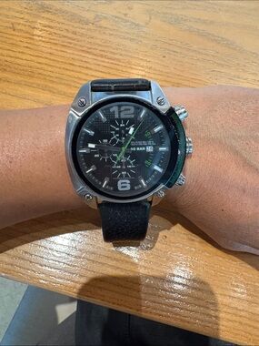 Diesel Black and Silver Men's Chronograph Watch with Green Accents